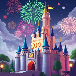 A fantastical digital illustration of a Roblox-inspired version of the iconic Disney castle, celebrating Disney's 100th anniversary