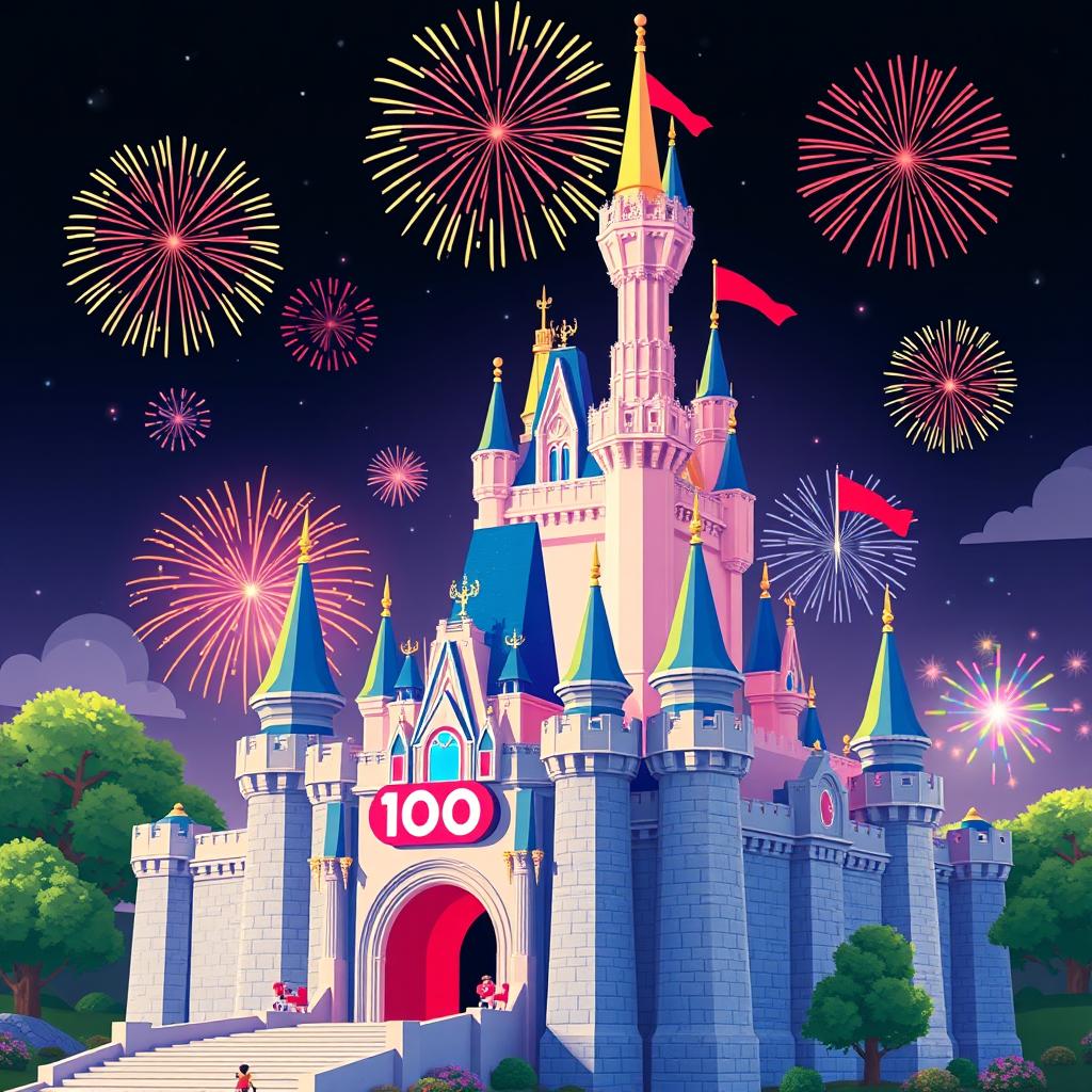 A fantastical digital illustration of a Roblox-inspired version of the iconic Disney castle, celebrating Disney's 100th anniversary