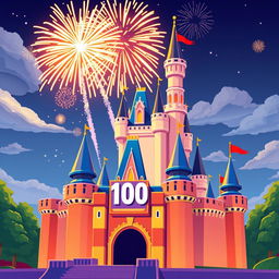 A fantastical digital illustration of a Roblox-inspired version of the iconic Disney castle, celebrating Disney's 100th anniversary