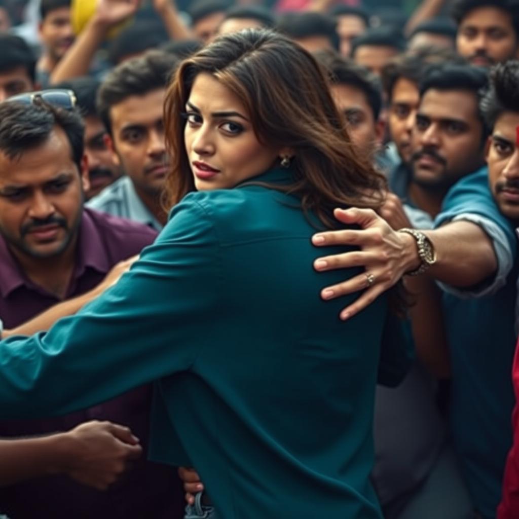 Actress Kriti Sanon being grabbed from behind by a dense male crowd, conveying a sense of unease and invasion of personal space