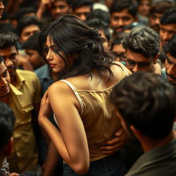 Actress Kriti Sanon being grabbed from behind by a dense male crowd, conveying a sense of unease and invasion of personal space