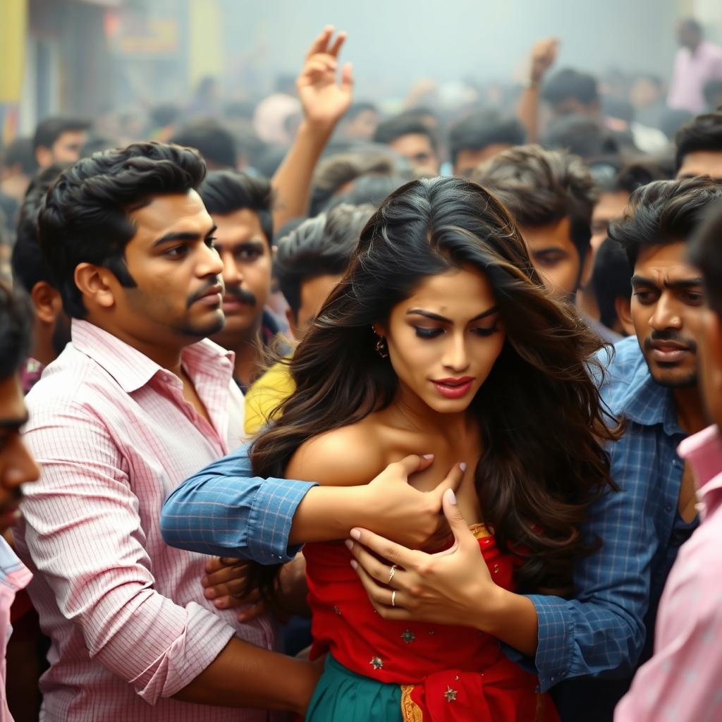 Actress Kriti Sanon being grabbed from behind by a dense male crowd, conveying a sense of unease and invasion of personal space