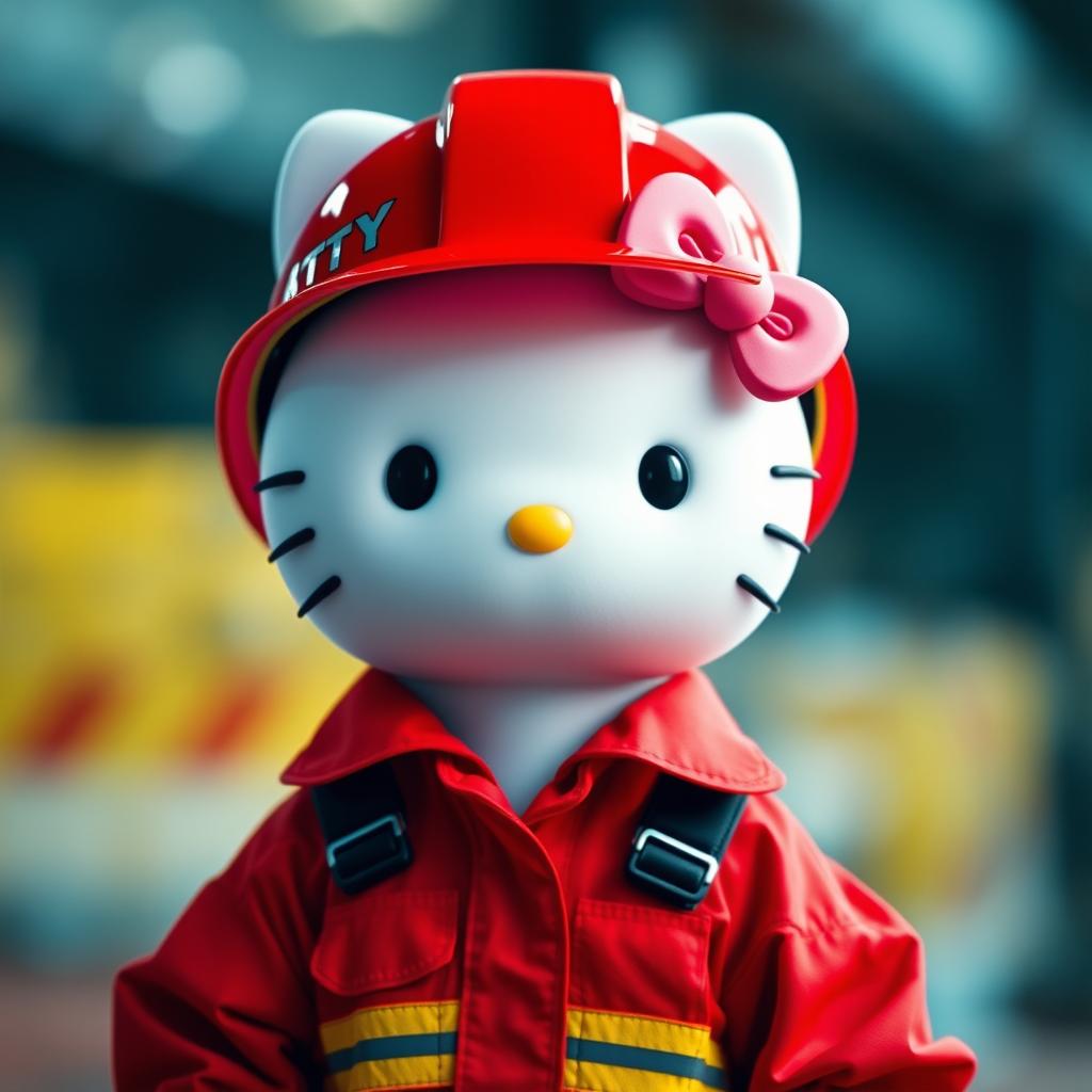 Hello Kitty dressed in vibrant red maintenance attire, complete with a matching red helmet