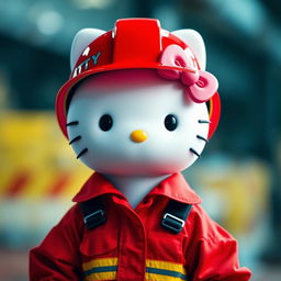 Hello Kitty dressed in vibrant red maintenance attire, complete with a matching red helmet