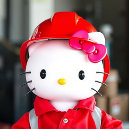 Hello Kitty dressed in vibrant red maintenance attire, complete with a matching red helmet