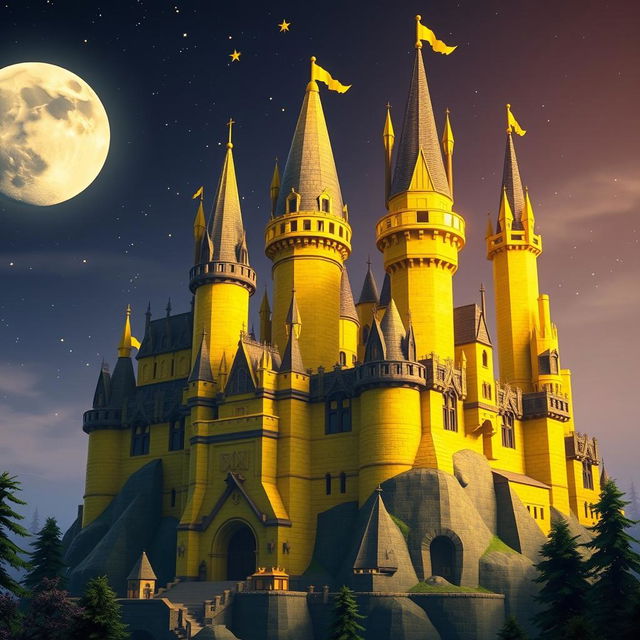 A digital rendering of a Roblox-inspired Hogwarts Castle from Harry Potter, reimagined with a focus on yellow brick tones and whimsical, blocky architecture typical of Roblox