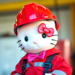 Hello Kitty dressed in vibrant red maintenance attire, complete with a matching red helmet