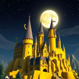 A digital rendering of a Roblox-inspired Hogwarts Castle from Harry Potter, reimagined with a focus on yellow brick tones and whimsical, blocky architecture typical of Roblox