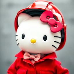 Hello Kitty dressed in vibrant red maintenance attire, complete with a matching red helmet