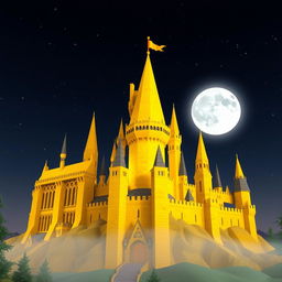 A digital rendering of a Roblox-inspired Hogwarts Castle from Harry Potter, reimagined with a focus on yellow brick tones and whimsical, blocky architecture typical of Roblox