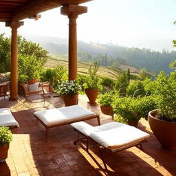 A sunlit terrace featuring a cozy sitting area with comfortable furniture, lush potted plants and a panoramic view of the surrounding landscape.