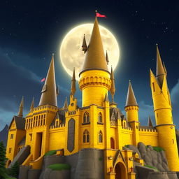 A digital rendering of a Roblox-inspired Hogwarts Castle from Harry Potter, reimagined with a focus on yellow brick tones and whimsical, blocky architecture typical of Roblox