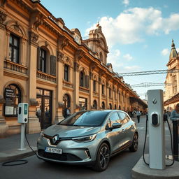 Aerial view of an electric Renault car connected to an electric charging station in front of an old French train station