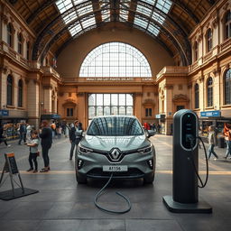 Aerial view of an electric Renault car connected to an electric charging station in front of an old French train station