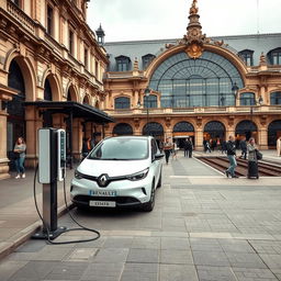 Aerial view of an electric Renault car connected to an electric charging station in front of an old French train station