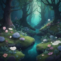 A floral background, inspired by the fairytale aesthetics of the Hollow Knight game. Picture a verdant landscape filled with exaggerated, fantastical flowers, moss-covered stones, and glowing bioluminescent plants.