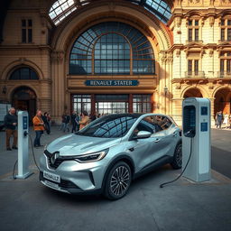 Aerial view of an electric Renault car connected to an electric charging station in front of an old French train station