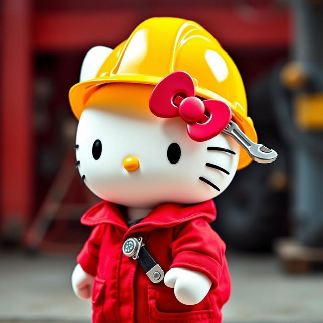 Hello Kitty wearing striking red maintenance clothes, complemented by a vibrant yellow helmet