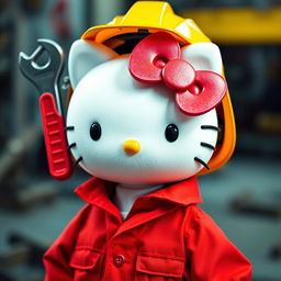 Hello Kitty wearing striking red maintenance clothes, complemented by a vibrant yellow helmet