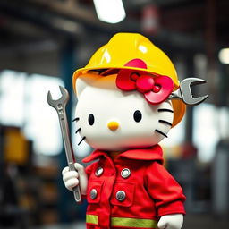 Hello Kitty wearing striking red maintenance clothes, complemented by a vibrant yellow helmet