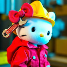 Hello Kitty wearing striking red maintenance clothes, complemented by a vibrant yellow helmet