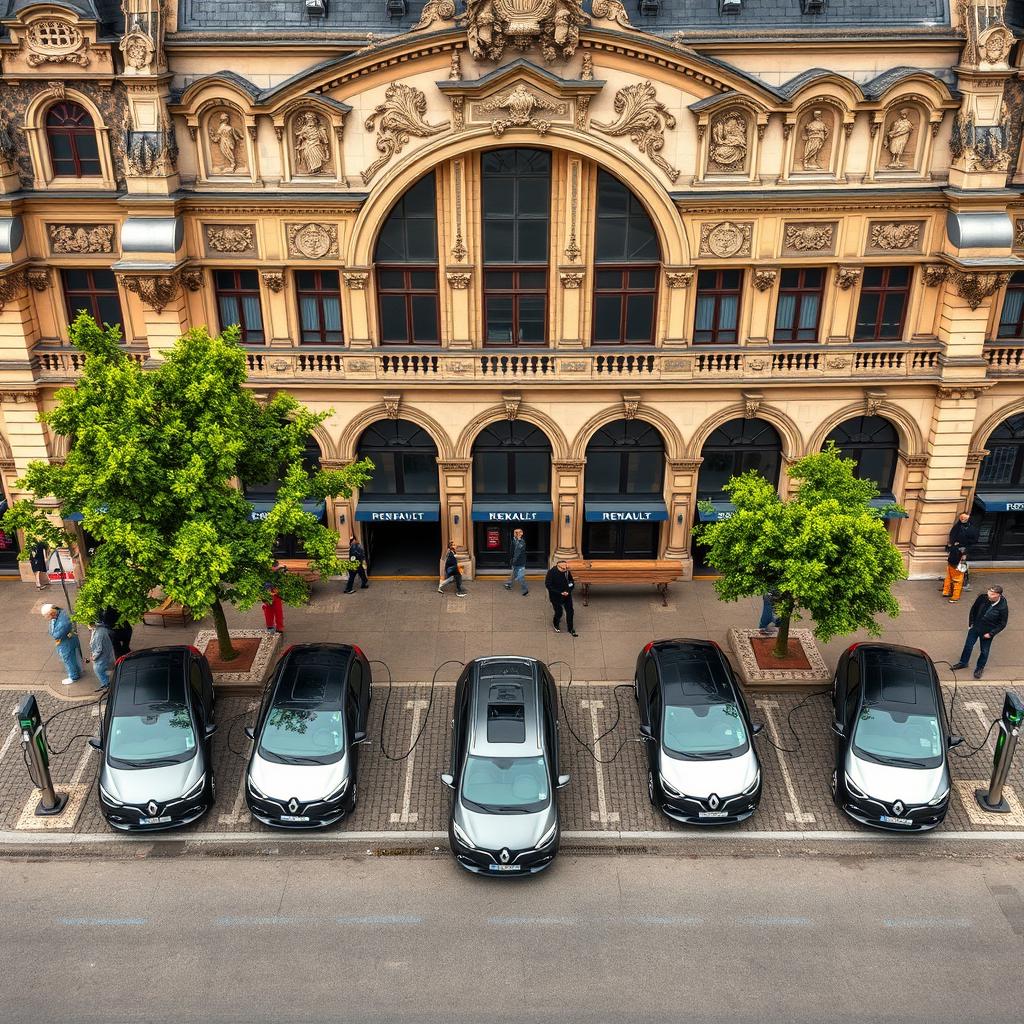 Aerial view depicting eight electric Renault cars connected to charging terminals, parked in front of an old French train station with distinguished architectural charm