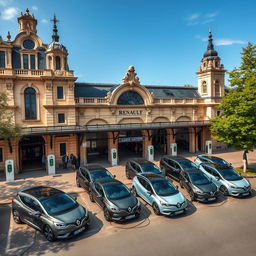 Aerial view depicting eight electric Renault cars connected to charging terminals, parked in front of an old French train station with distinguished architectural charm