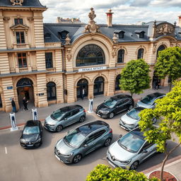 Aerial view depicting eight electric Renault cars connected to charging terminals, parked in front of an old French train station with distinguished architectural charm