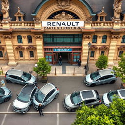 Aerial view depicting eight electric Renault cars connected to charging terminals, parked in front of an old French train station with distinguished architectural charm