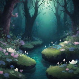 A floral background, inspired by the fairytale aesthetics of the Hollow Knight game. Picture a verdant landscape filled with exaggerated, fantastical flowers, moss-covered stones, and glowing bioluminescent plants.