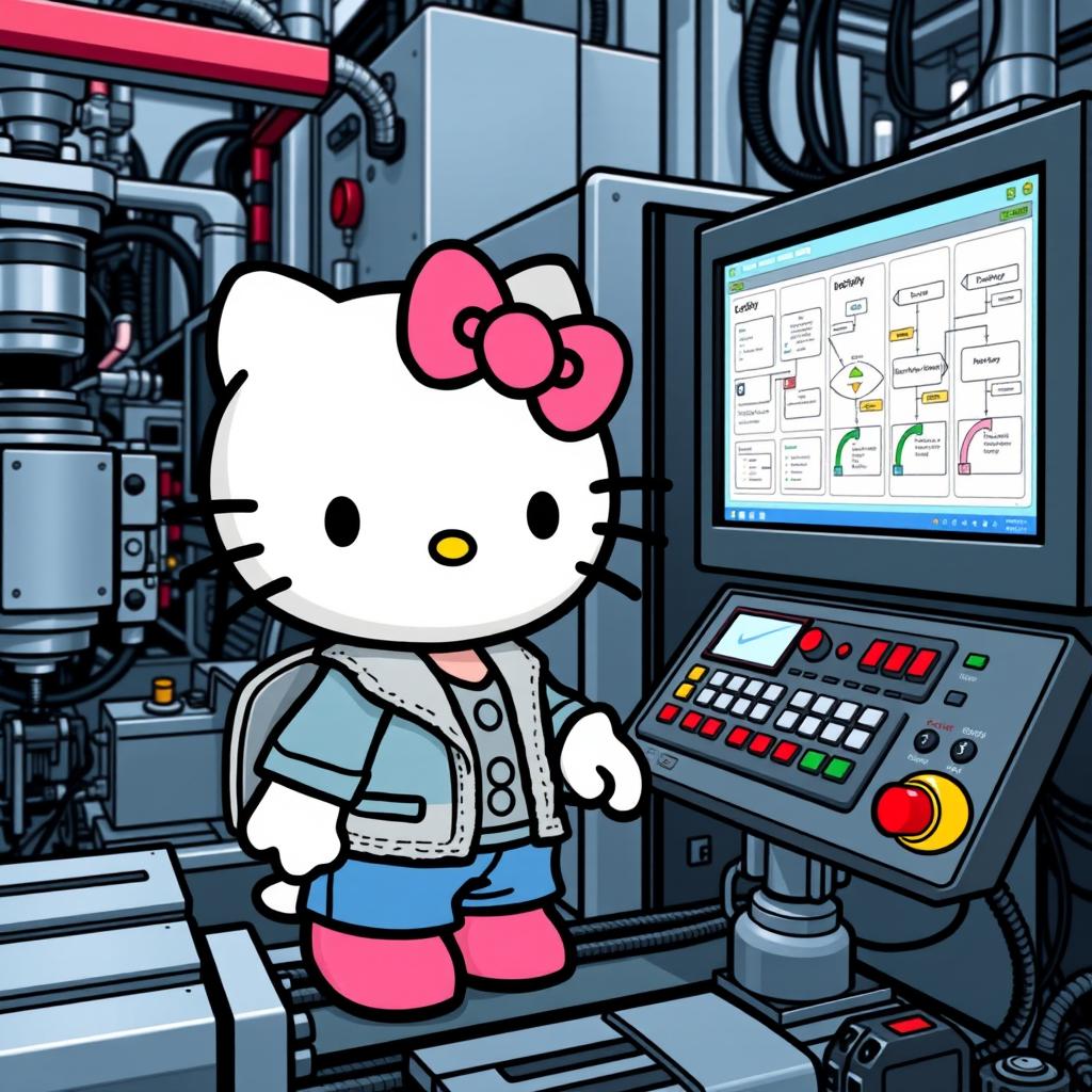 Hello Kitty engaging in process automation, surrounded by intricate machinery and monitors displaying workflow diagrams