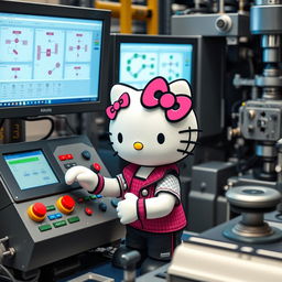 Hello Kitty engaging in process automation, surrounded by intricate machinery and monitors displaying workflow diagrams