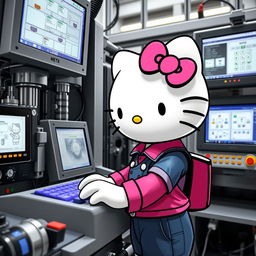 Hello Kitty engaging in process automation, surrounded by intricate machinery and monitors displaying workflow diagrams