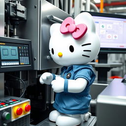 Hello Kitty engaging in process automation, surrounded by intricate machinery and monitors displaying workflow diagrams