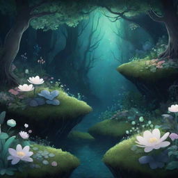 A floral background, inspired by the fairytale aesthetics of the Hollow Knight game. Picture a verdant landscape filled with exaggerated, fantastical flowers, moss-covered stones, and glowing bioluminescent plants.