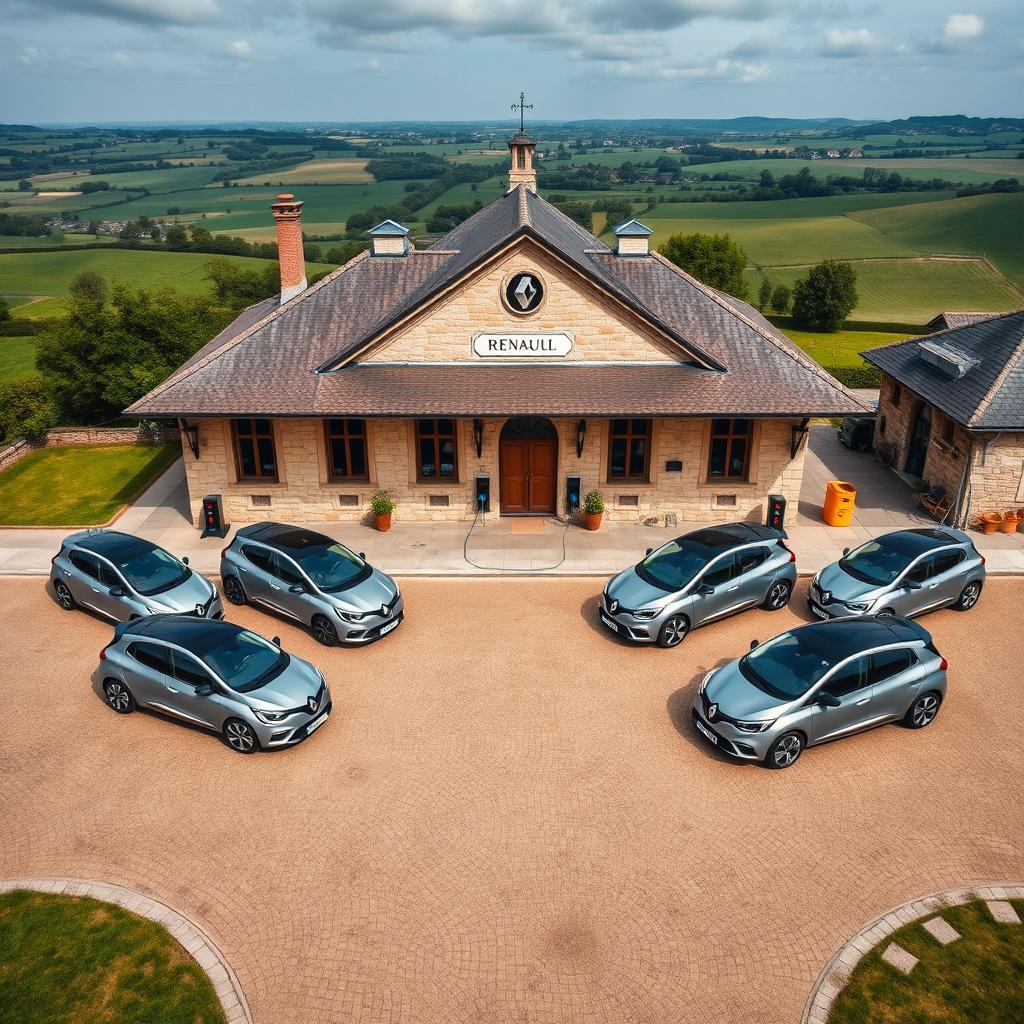 Aerial view of eight electric Renault cars parked and plugged into charging terminals in front of a charming old French train station located in the countryside