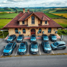 Aerial view of eight electric Renault cars parked and plugged into charging terminals in front of a charming old French train station located in the countryside