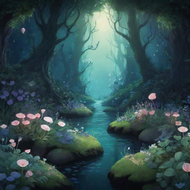 A floral background, inspired by the fairytale aesthetics of the Hollow Knight game. Picture a verdant landscape filled with exaggerated, fantastical flowers, moss-covered stones, and glowing bioluminescent plants.