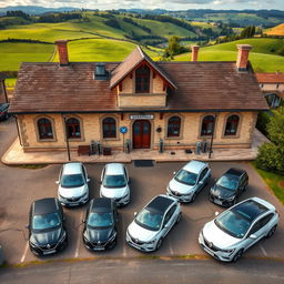 Aerial view of eight electric Renault cars parked and plugged into charging terminals in front of a charming old French train station located in the countryside