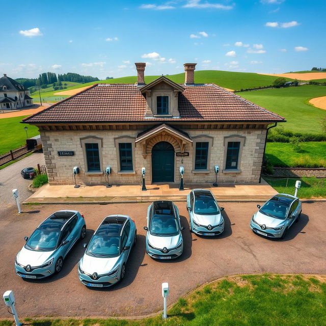 Aerial view of eight electric Renault cars parked and plugged into charging terminals in front of a charming old French train station located in the countryside