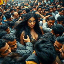 A chaotic scene with a dense crowd of diverse men jostling and pushing each other at a festival