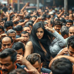 A chaotic scene with a dense crowd of diverse men jostling and pushing each other at a festival