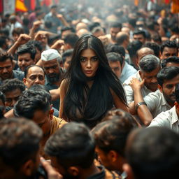 A chaotic scene with a dense crowd of diverse men jostling and pushing each other at a festival