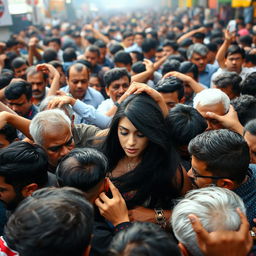 A chaotic scene with a dense crowd of diverse men jostling and pushing each other at a festival