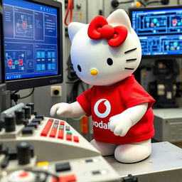 Hello Kitty wearing a red t-shirt featuring the Vodafone logo, engaged in a process automation task