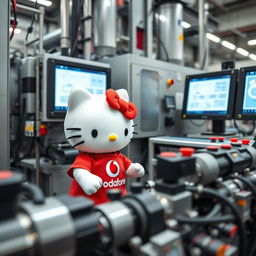 Hello Kitty wearing a red t-shirt featuring the Vodafone logo, engaged in a process automation task