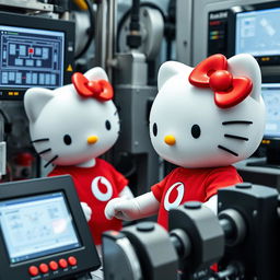 Hello Kitty wearing a red t-shirt featuring the Vodafone logo, engaged in a process automation task