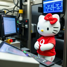 Hello Kitty wearing a red t-shirt featuring the Vodafone logo, engaged in a process automation task