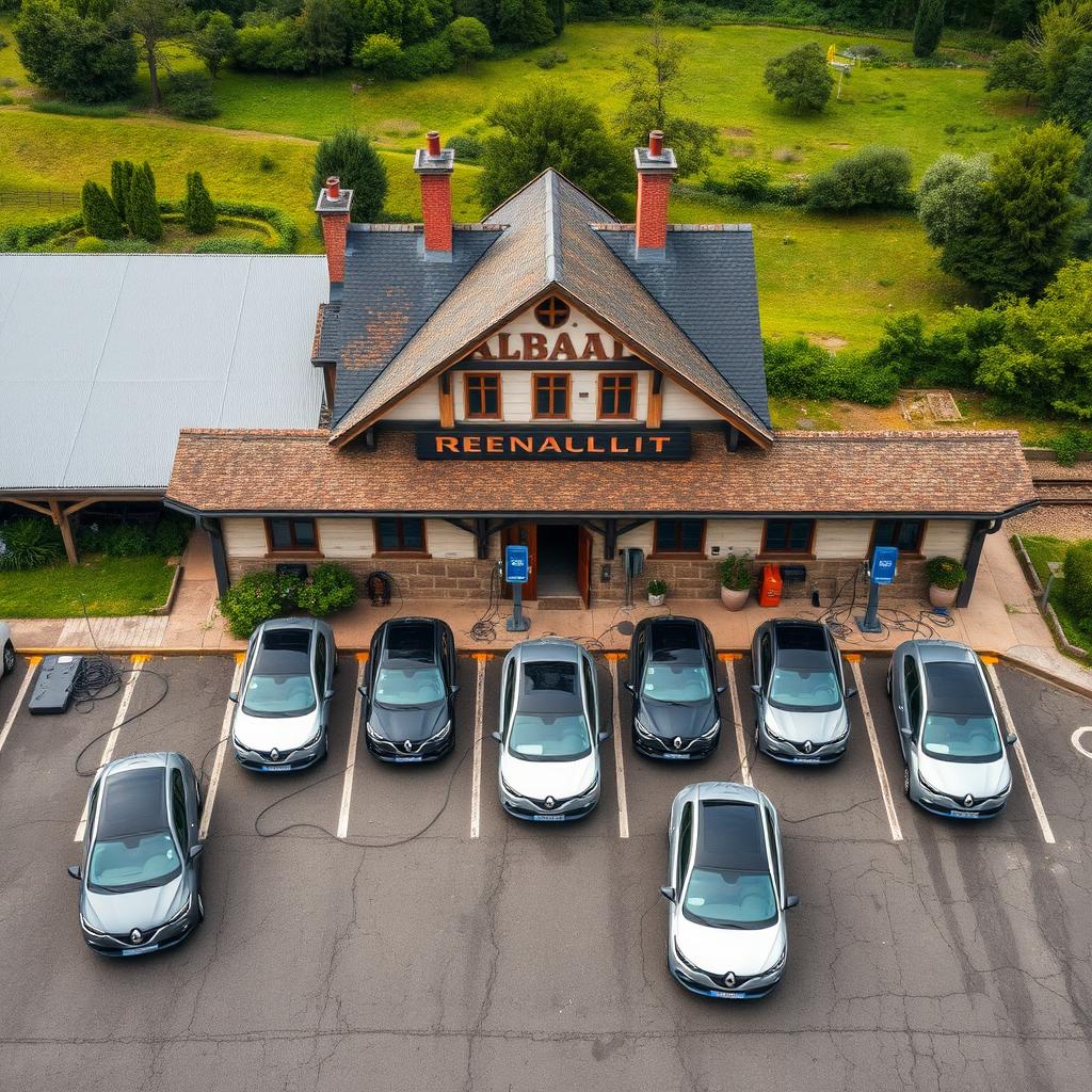 Aerial view of eight electric Renault cars plugged into charging terminals, neatly arranged in a parking lot in front of a French train station located in the countryside