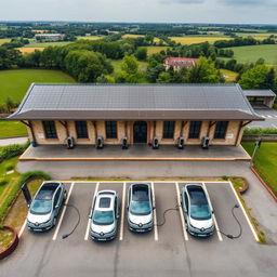 Aerial view of eight electric Renault cars plugged into charging terminals, neatly arranged in a parking lot in front of a French train station located in the countryside